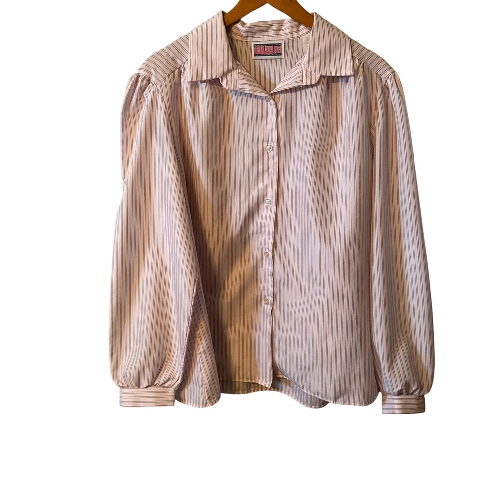 Picture Perfect Pink Pinstripe Button‎ Up Blouse Long Puff Sleeve Women's Sz L